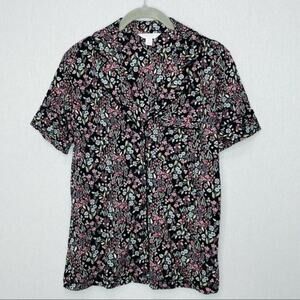 Charter Club floral button up knit pajama top black floral XS